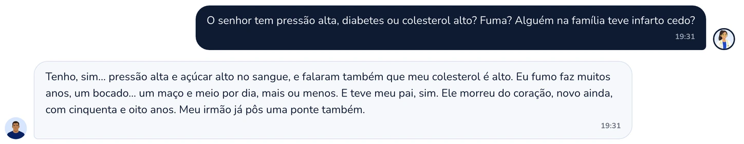 Conversa na Anamnea: o aluno pergunta sobre pressão, diabetes, cigarro e infarto na família, e o paciente de IA responde com a própria história